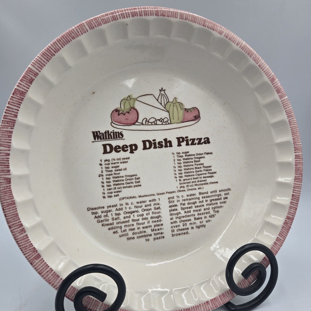 Vtg Watkins Deep Dish Pizza Recipe Pie Plate Dish Ceramic Cottagecore Grannycore